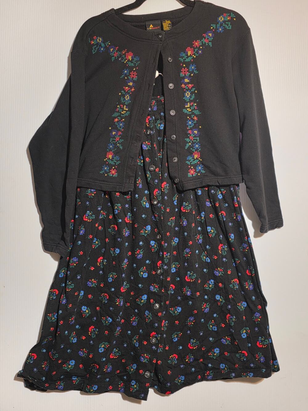 Liz Sport Size S Black Cross Stitch Floral Cardigan & Midi skirt Matching Set
